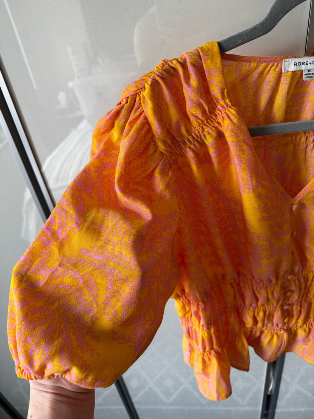 Rose & Olive Orange and Pink V-Neck Smocked Waist Blouse | Medium - Picture 3 of 9